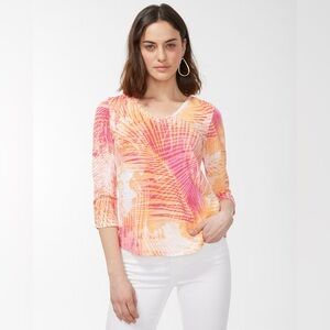 Chicos White Tropical Palm Print 3/4 Sleeve Slub Knit Blouse 3